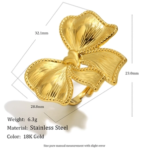 Minimalist 18K gold plated stainless steel bow open ring with textured finish