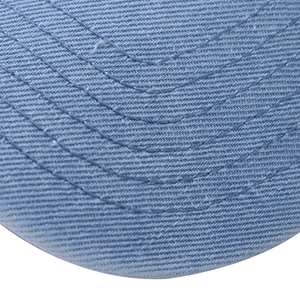 Detailed close-up of light blue denim baseball cap showing curved stitching and texture