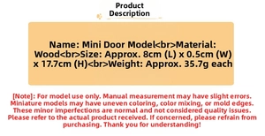 Detailed size and material specification chart for the miniature wooden dollhouse door