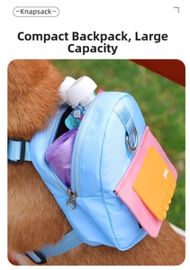 Detail showing the internal large capacity of the colorful pet backpack with dog supplies