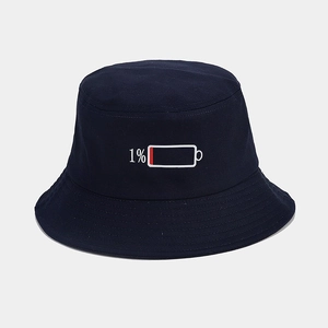 Détail de la broderie de batterie 1% sur le chapeau bob en coton bleu marine pour le soleil