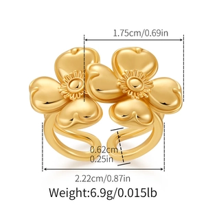 Detailed size chart for 18K gold-plated double flower ring with 6.9g weight info