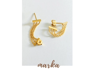 Detail of 18k gold plated triple ball chain tassel earrings with smooth polished finish