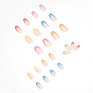 Rainbow V-shaped French tip press-on nails with multi-color coffin shape design