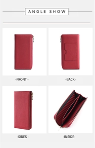 Detail view of red pebble leather long wallet showing multi-angle exterior and interior slots