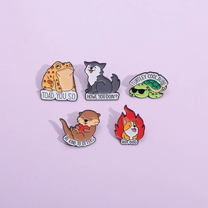 Creative cartoon animal enamel pins featuring funny puns and cute animal characters