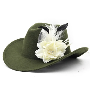 Dark green wool felt cowboy hat with white fabric flower and feather decoration