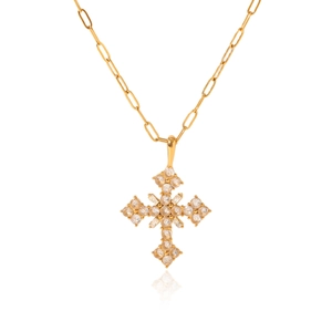 Collier avec pendentif croix en acier doré serti de diamants sur une chaîne à maillons