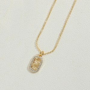 Close-up of a 14K gold plated rectangular pendant featuring a snake relief and zircons