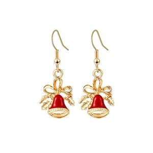Detail of festive Christmas bell earrings with red oil drip and golden bow accents