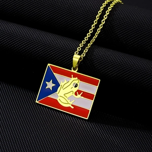 Détail du collier drapeau de Porto Rico avec grenouille Coqui sur fond noir mat