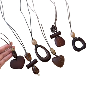 Retro resin and wood pendant necklaces in heart and oval shapes with cord chains