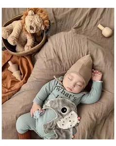 Flat lay of baby green cotton jumpsuit, brown pointed hat, and grey elephant comforter