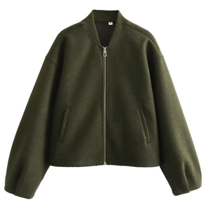 Women's dark green loose fit bomber jacket with stand collar and zipper closure