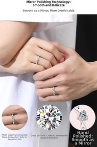Detail view of S925 silver couple rings featuring cubic zirconia heart stone and hand polishing