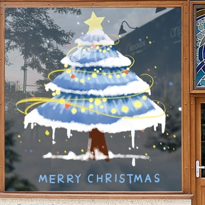 Sticker de fenêtre sapin de Noël bleu avec décor de flocons et texte Merry Christmas