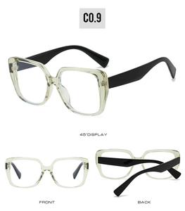 Vues détaillées de lunettes œil-de-chat carrées jaune clair avec larges branches noires