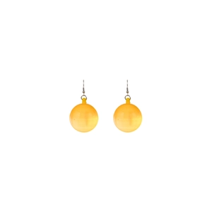 Close-up of yellow reflective disco ball earrings with silver metal hooks for party wear