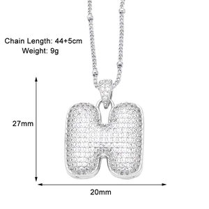 Detail view of silver H-letter pendant necklace with zircon inlay and dimensions