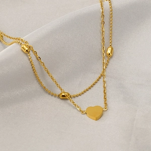 Elegant 18K gold-plated stainless steel layered anklet featuring heart charm and bead chain