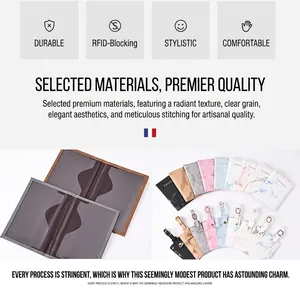 Detail showing marble PU leather passport holder interior slots and multiple color options