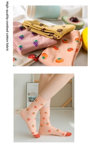Detailed view of combed cotton crew socks featuring colorful fruit and vegetable patterns