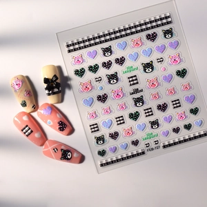 5D embossed pink leopard nail art stickers with checkered and heart patterns FEB-727