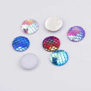 Set of 18mm round fish scale resin cabochons with AB colorful iridescent shimmer and flat back