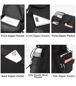 Detailed view of the multi-pocket storage system and anti-theft back pocket on this backpack