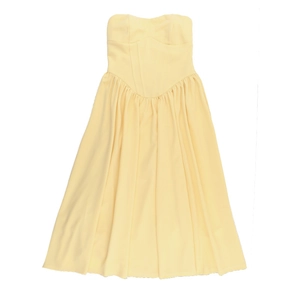 Front flat lay view of a pale yellow strapless A-line dress with smooth fabric texture