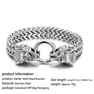 Men Stainless Steel Wolf Head Bracelet Viking Franco Link Chain Retro Animal Jewelry Gothic Punk Style Accessory