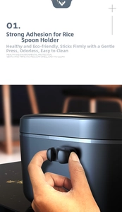 Adhesive rice scoop holder being installed on a rice cooker with strong back glue