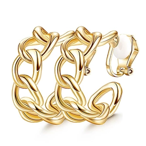 Close-up of golden chain-style clip-on earrings with soft white cushions for non-pierced ears
