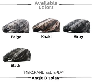 Selection of men's tweed newsboy caps in beige, khaki, grey, and black plaid patterns