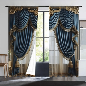 Detail of luxury blue velvet curtains with ornate gold valance and tassel fringe trim