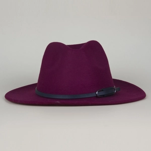 Vintage plum wool felt fedora with a black leather buckle strap for a classic look