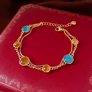 18k gold plated double layer bracelet with colorful round cat eye stones on red box