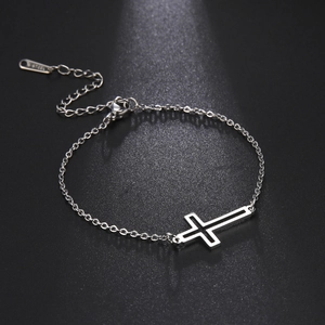 Polished stainless steel bracelet featuring a horizontal hollow cross pendant and chain