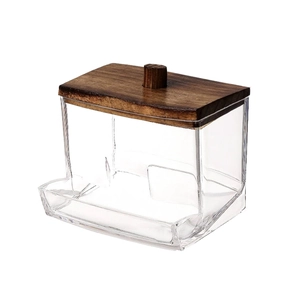 Clear acrylic storage jar with dark brown wood lid and round handle for cotton swabs
