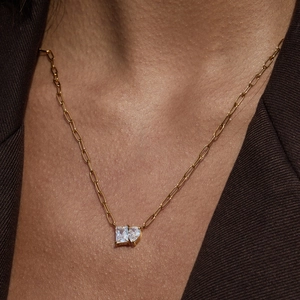 Classic 18K gold plated stainless steel paperclip necklace with white zircon pendants