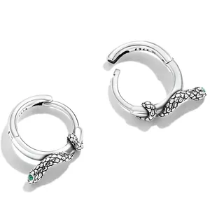 S925 sterling silver snake hoop earrings with green zircon eyes and textured scales