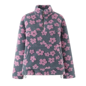 Grey floral sherpa fleece sweatshirt with half-zip stand collar and drawstring hem