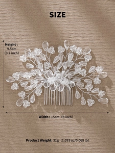 Detail view of handmade bridal hair comb with beads and size measurements 15x9.5cm
