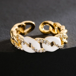 Luxurious 18K gold plated chain-link open ring with white enamel and sparkling zircon