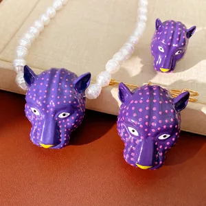 Collection de Bijoux Collier Bague Broche Tête de Léopard à Pois en Alliage et Perles Artificielles pour Femmes Accessoire Tendance