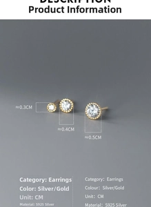 Size chart for S925 silver stud earrings showing 0.3cm, 0.4cm and 0.5cm diameter details