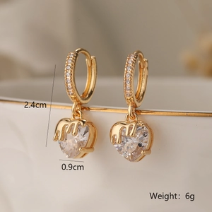 Detail view of 18K gold plated heart drop earrings with dimensions 2.4cm and weight 6g