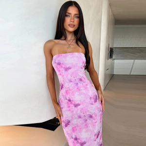 Close-up of pink and purple floral print on a slim fit strapless tube maxi dress