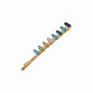 Golden hair clip with gradient blue green and champagne rectangular glass crystals