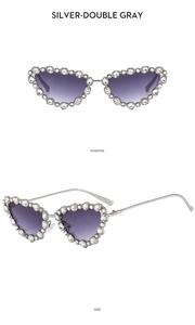 Detailed front and side views of silver metal cat-eye sunglasses with rhinestone trim